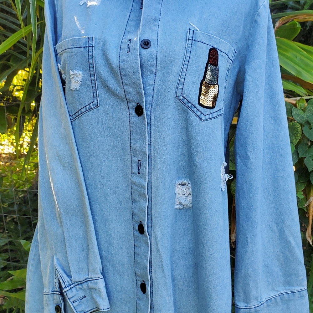 Denim high low jacket with raw him